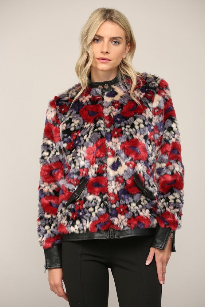 Faux Leather Trim Fur Jacket