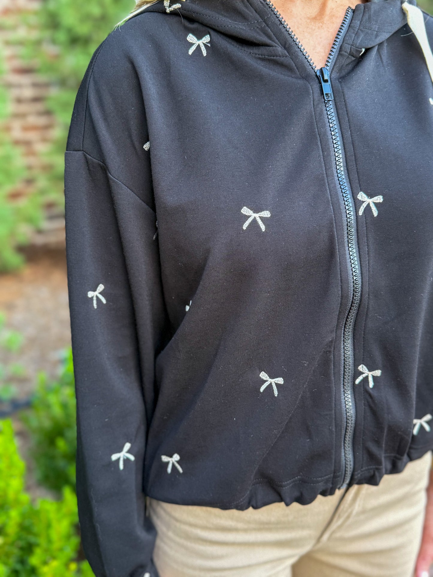 Black Ribbon Charm Zip Hoodie