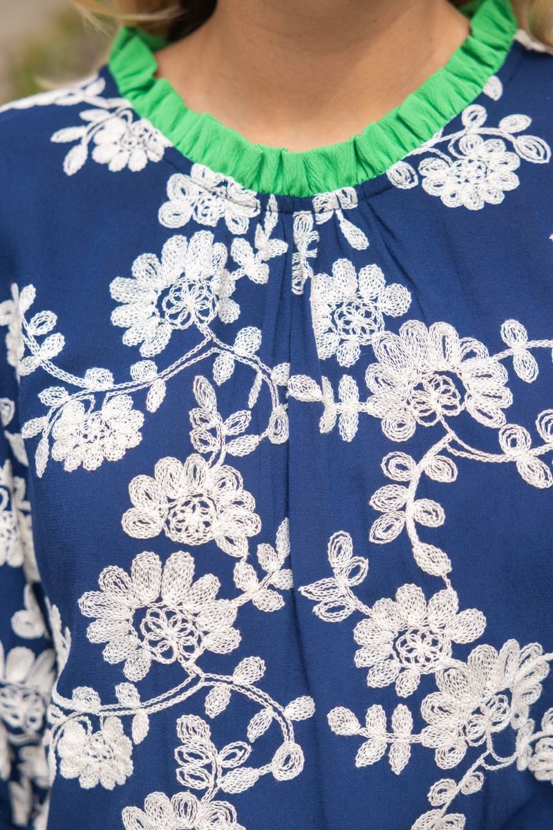 Emerald Trim Floral Embroidered Top