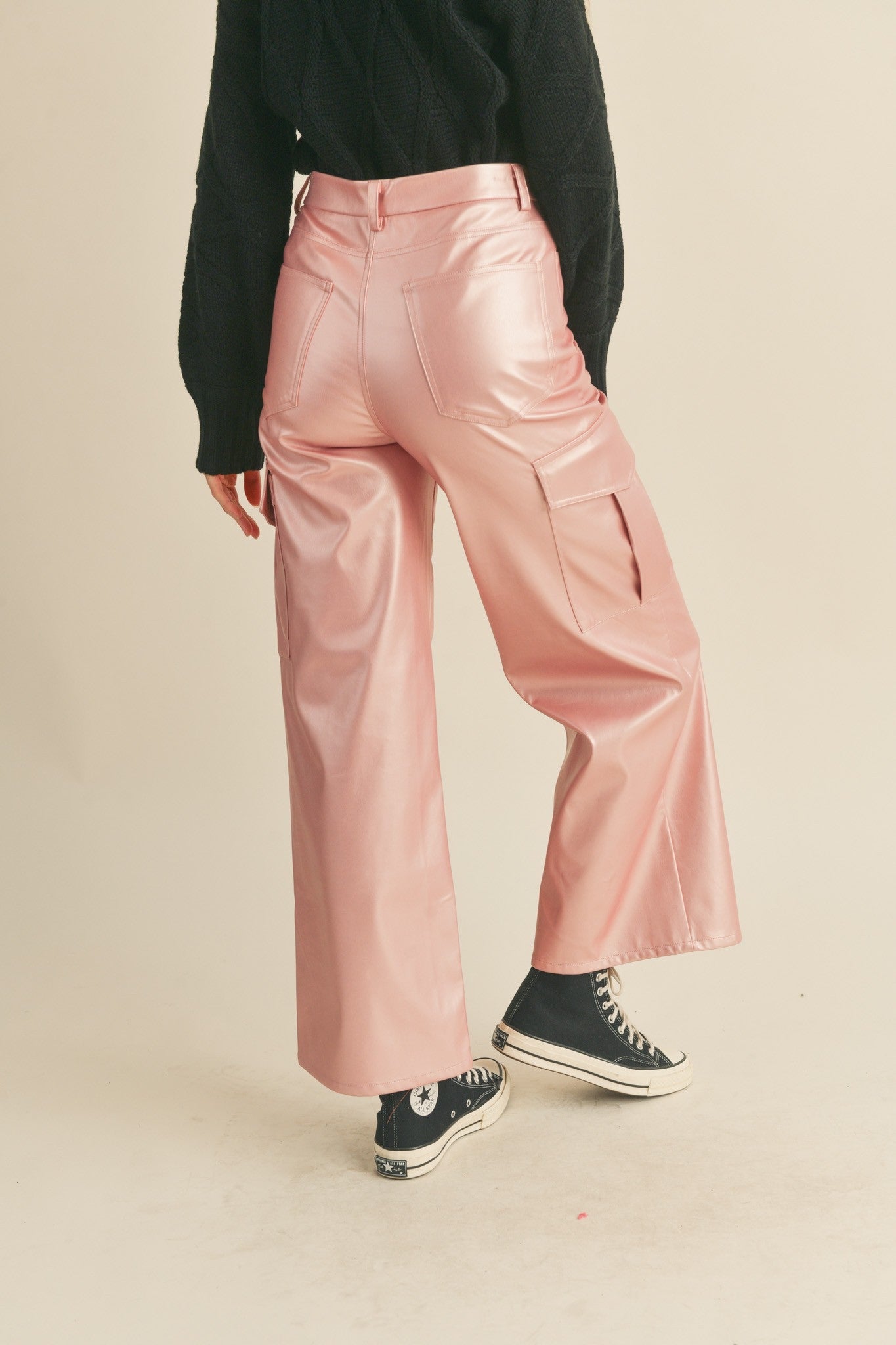 Metallic Faux Leather Cargo Pants