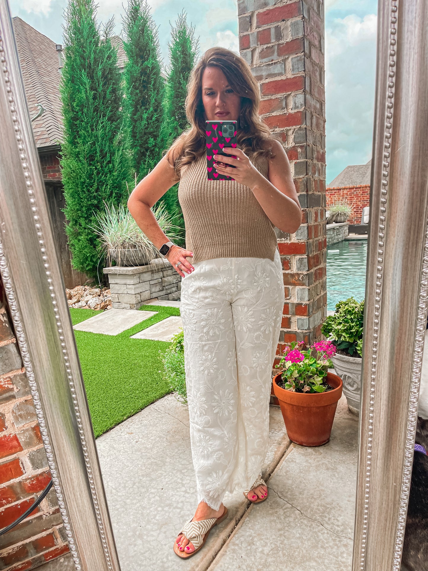 FLORAL EMBROIDERY WIDE LEG TROUSER PANTS