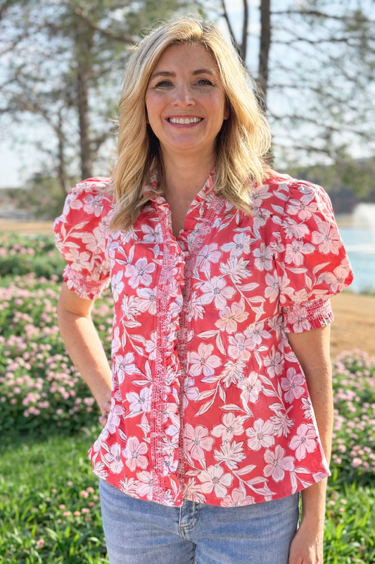 Coral Bloom Ruffle Top