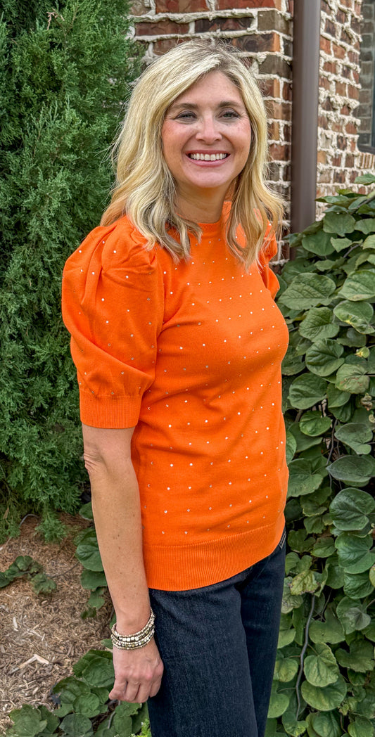Orange Sparkle Statement Puff Sleeve Sweater