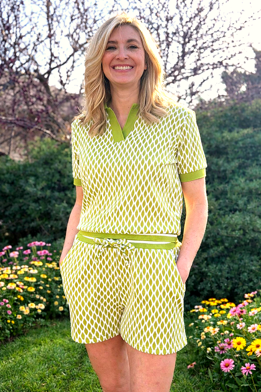 Green geometric print matching shorts set for women with V-neck top and drawstring waist shorts – spring boutique outfit from Spring Fling collection