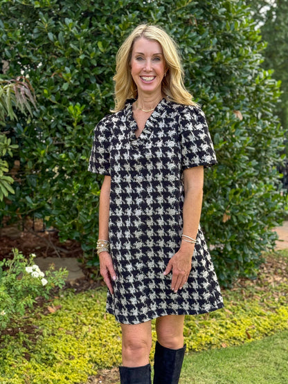 Houndstooth Ruffle Neck Dress