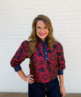 Crimson Bloom Jacquard Top
