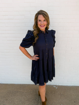 Indigo Ruffle Tiered Shirt Dress