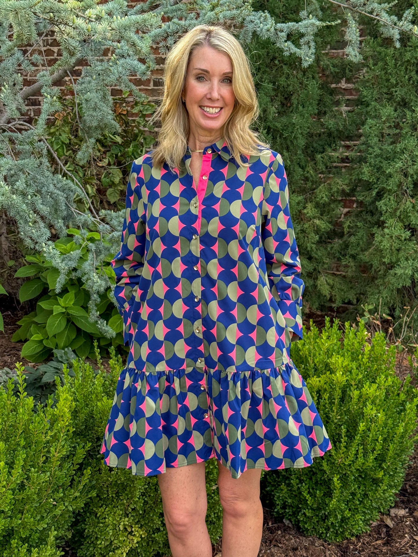 Geo Pop Ruffle Shirt Dress