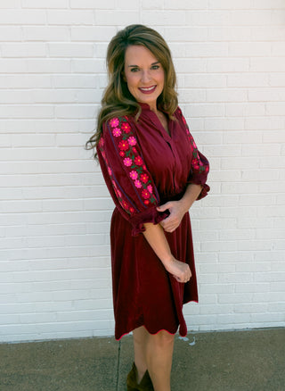 Crimson Bloom Corduroy Dress
