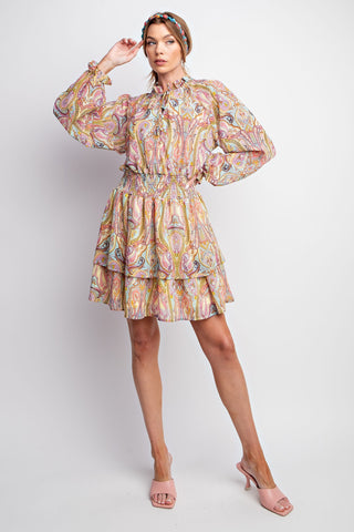 PAISLEY CHIFFON RUFFLE DRESS