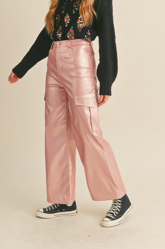 Metallic Faux Leather Cargo Pants