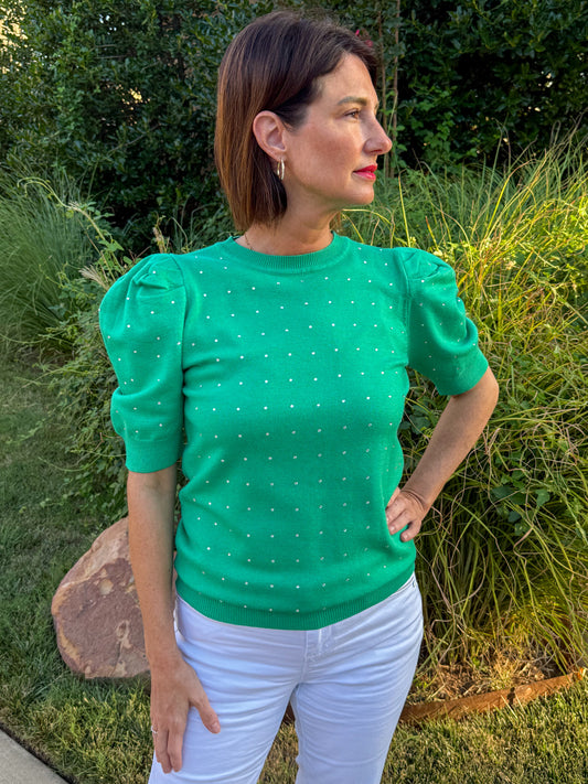 Green Sparkle Statement Puff Sleeve Sweater