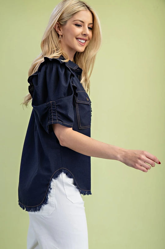 Dark Ruffle Denim Top