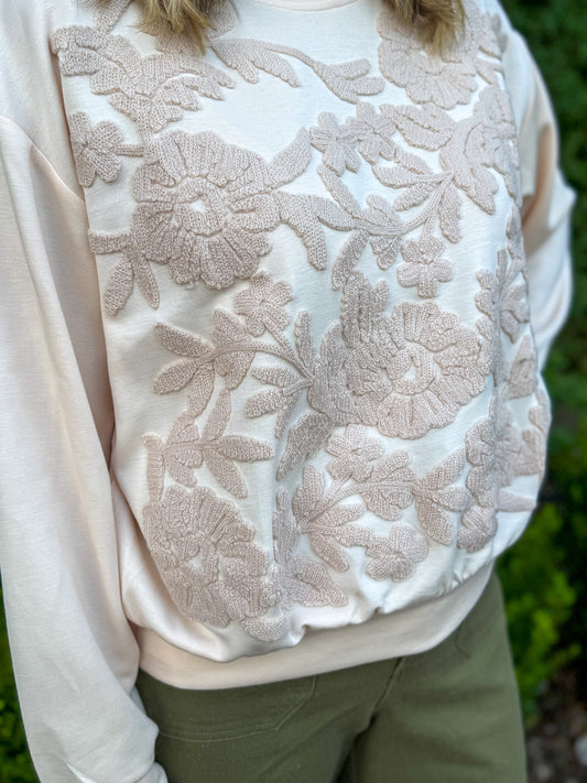 Cream Blossom Embroidered Sweatshirt