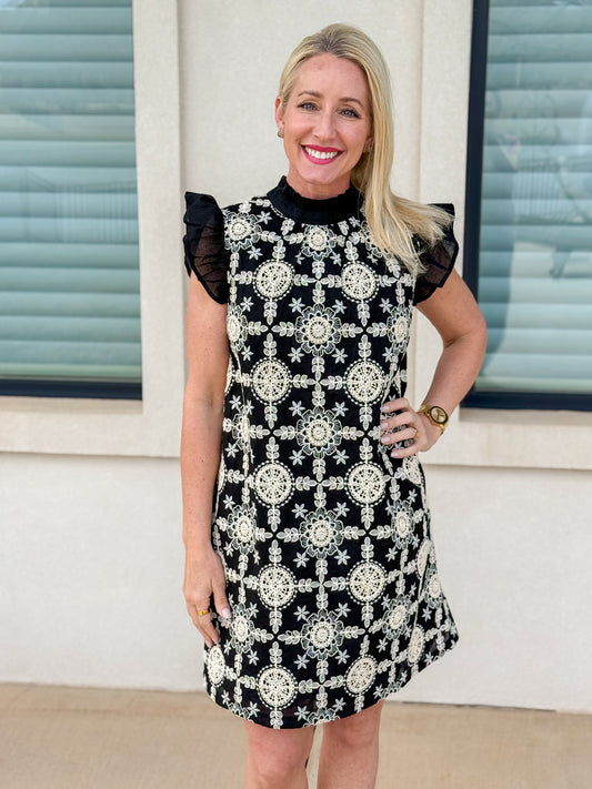 Black Embroidered Ribbon Tie Dress