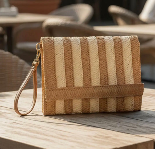 tan and natural striped woven foldover clutch with detachable wristlet strap