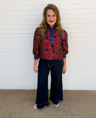 Crimson Bloom Jacquard Top