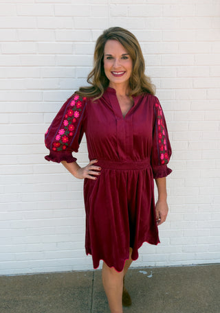 Crimson Bloom Corduroy Dress