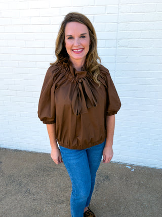 Autumn Bow Ruffle Top – Brown