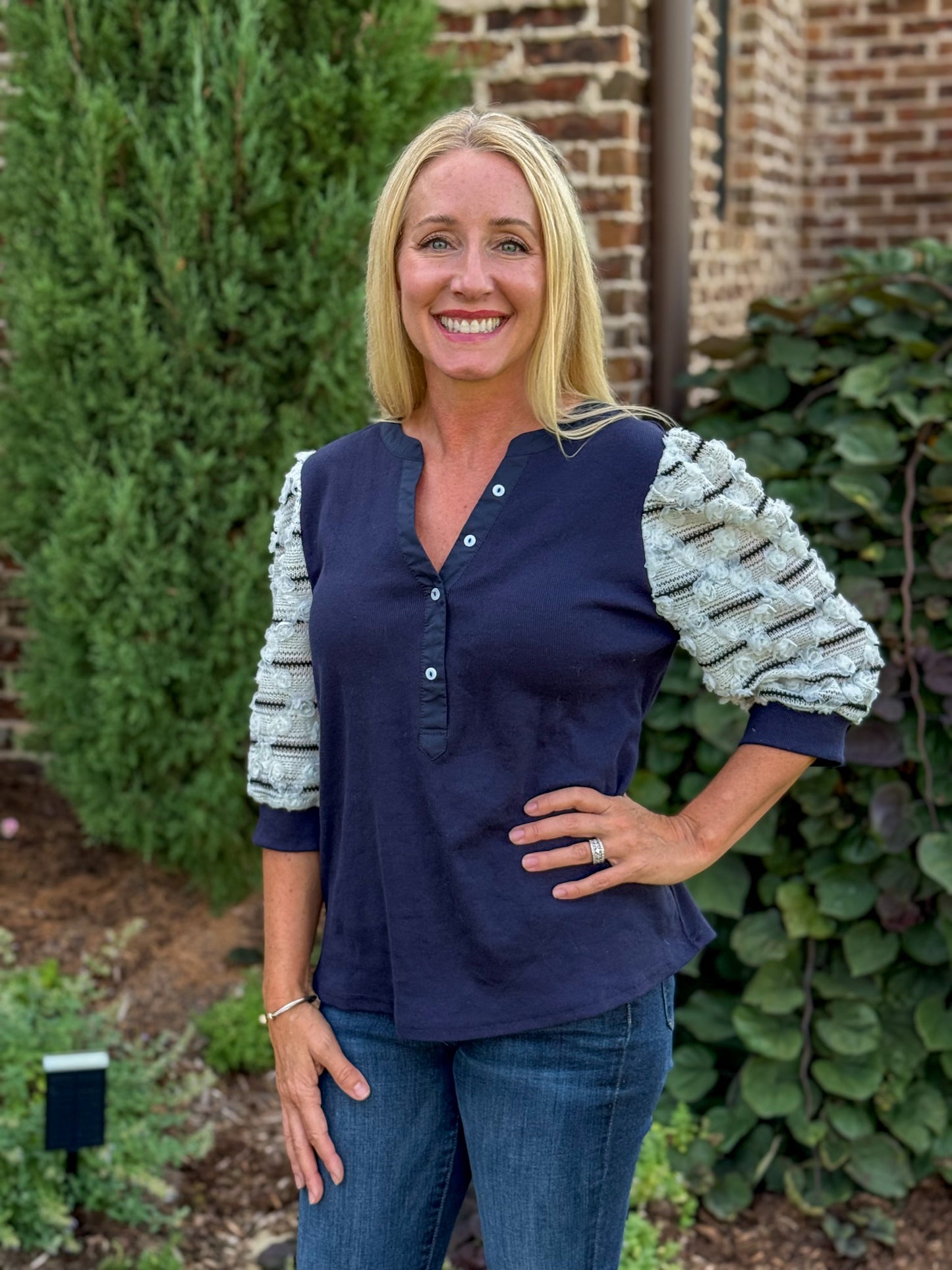 Navy Diamond Knit Top