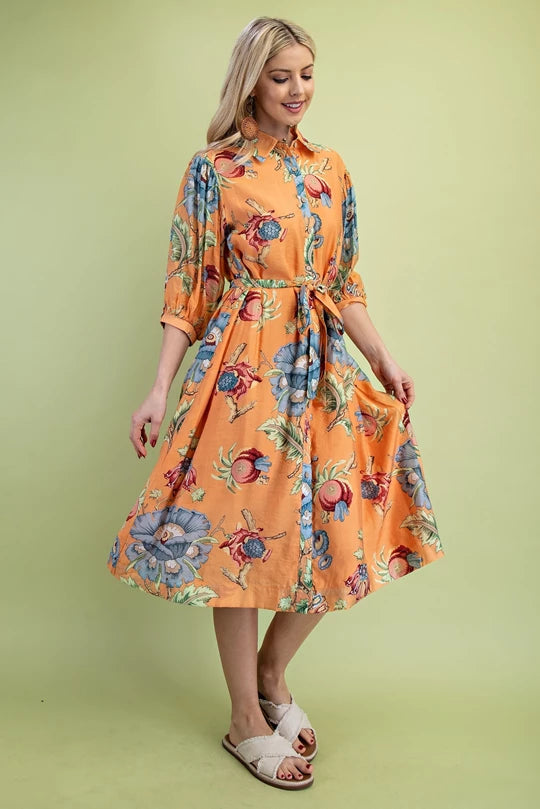 Sunset Bloom Midi Shirt Dress