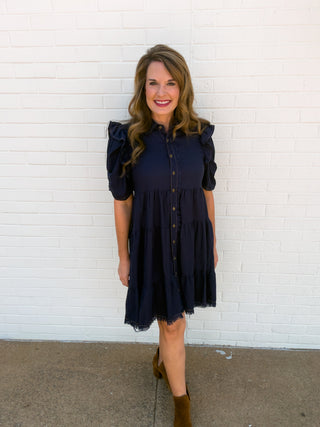 Indigo Ruffle Tiered Shirt Dress