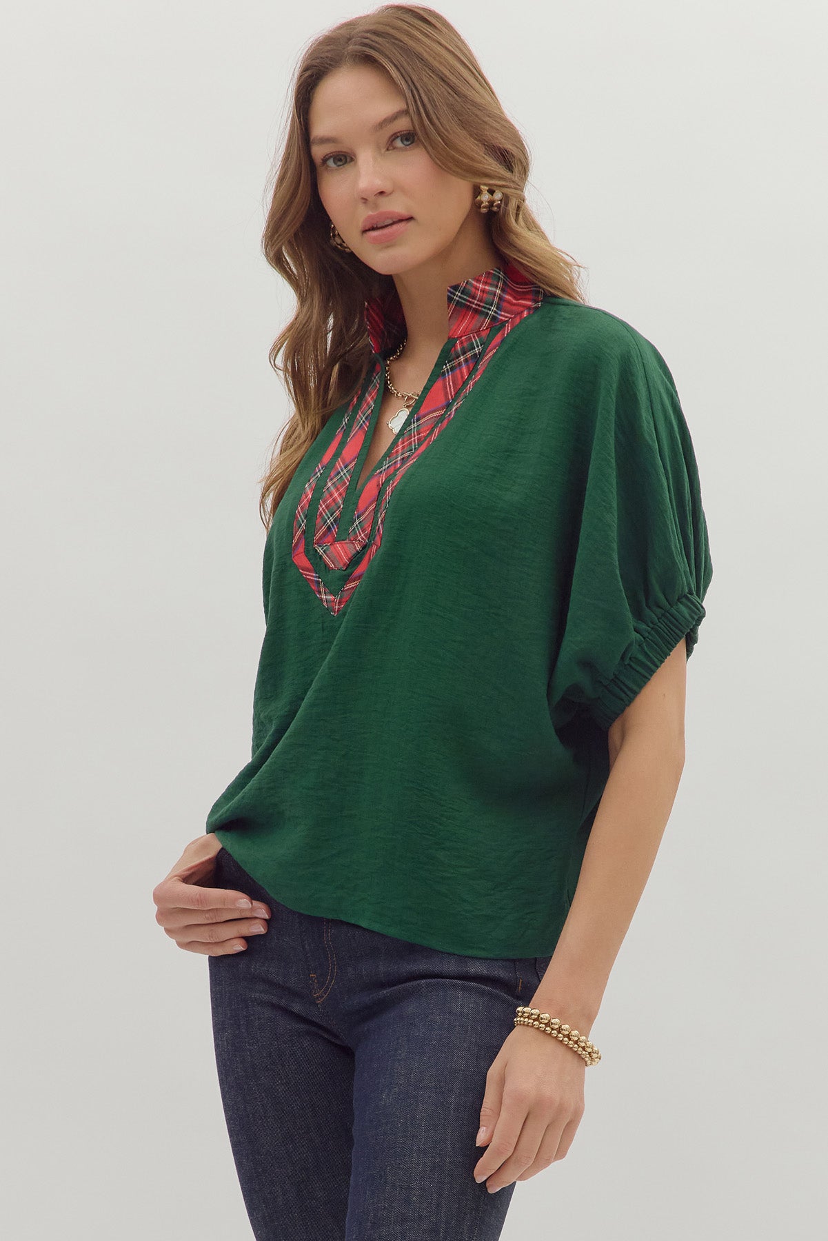 Green Holly Plaid Accent Dolman Top