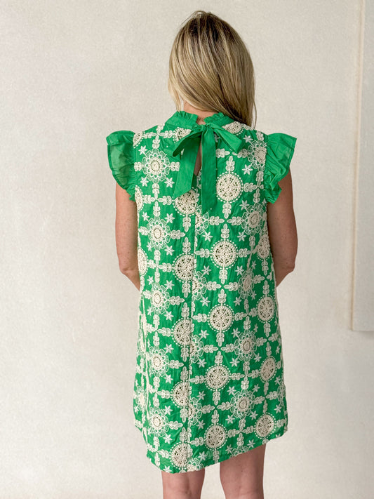 Green Embroidered Ribbon Tie Dress