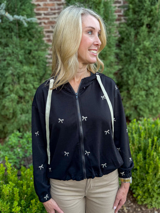 Black Ribbon Charm Zip Hoodie