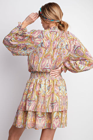 PAISLEY CHIFFON RUFFLE DRESS