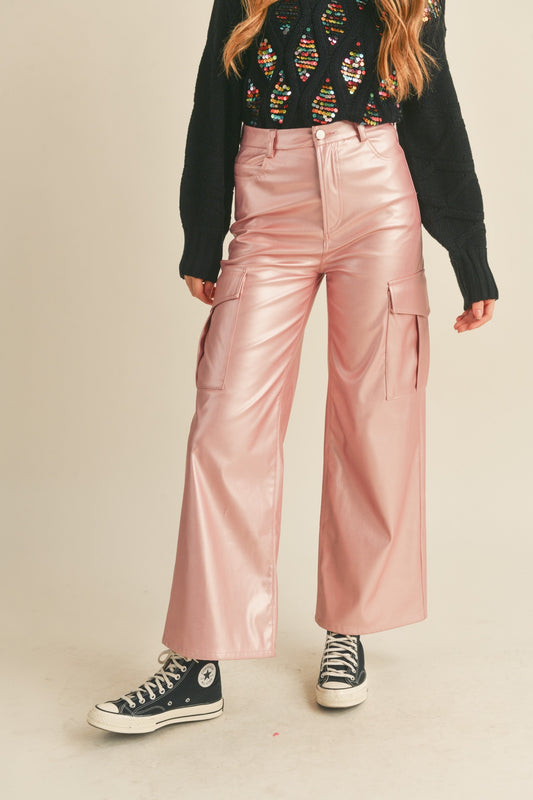 Metallic Faux Leather Cargo Pants