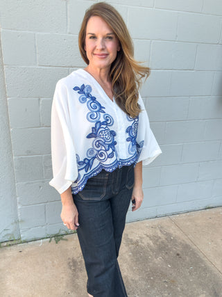 Blue Floral Embroidered Top
