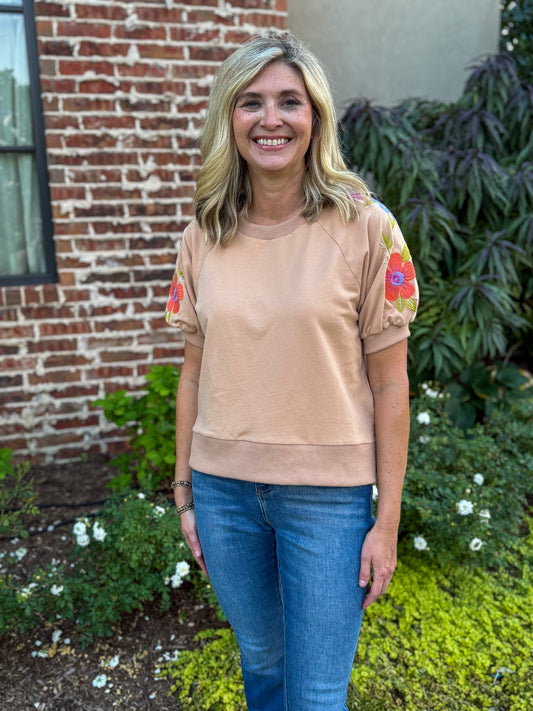 Latte Desert Bloom Embroidered Sweatshirt