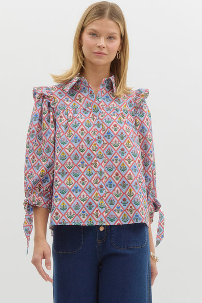 Diamond Print Floral Blouse