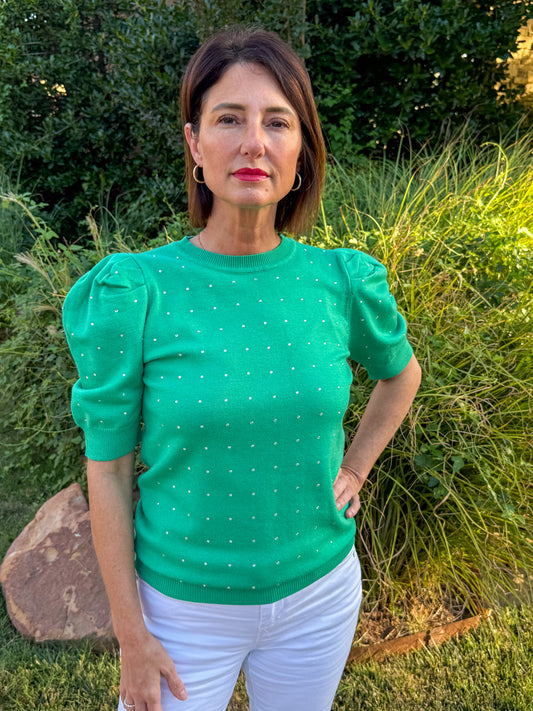 Green Sparkle Statement Puff Sleeve Sweater