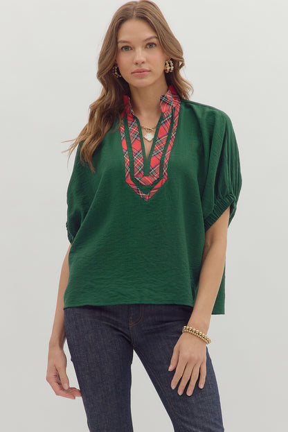 Green Holly Plaid Accent Dolman Top