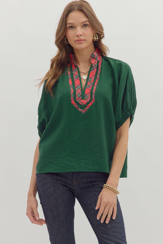 Green Holly Plaid Accent Dolman Top