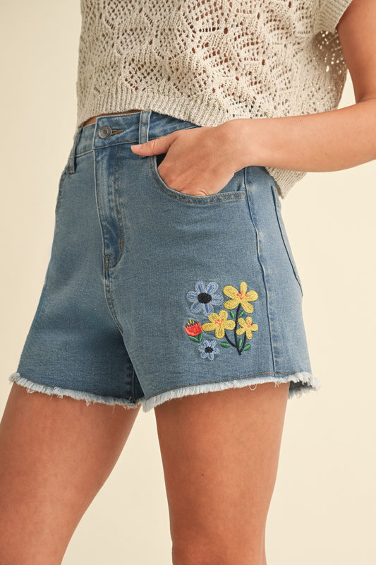 Blue Denim Blossom Shorts