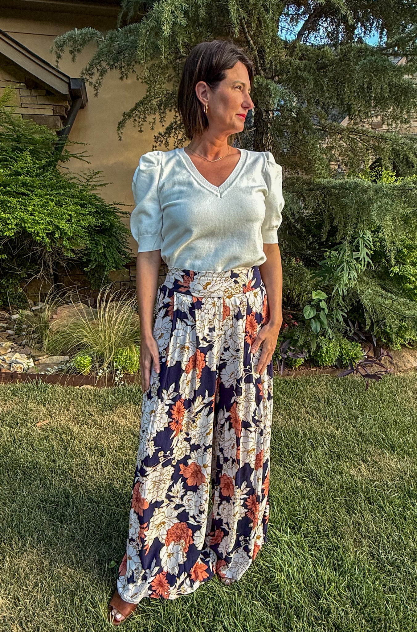 Navy Floral Wide Leg Pants