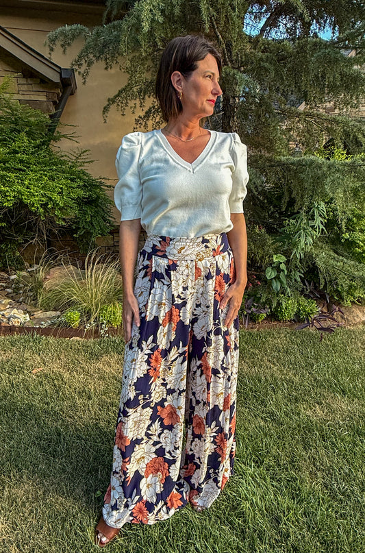 Navy Floral Wide Leg Pants