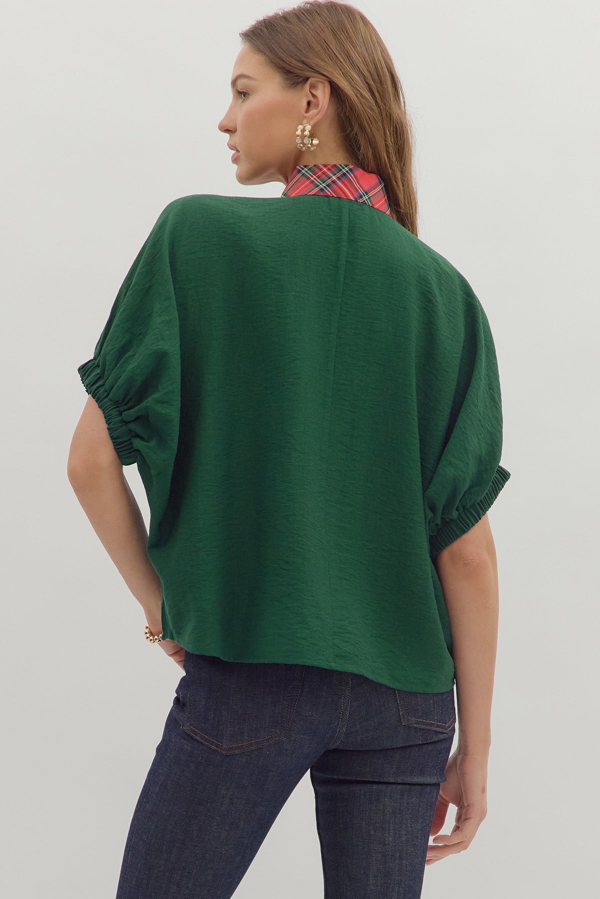 Green Holly Plaid Accent Dolman Top