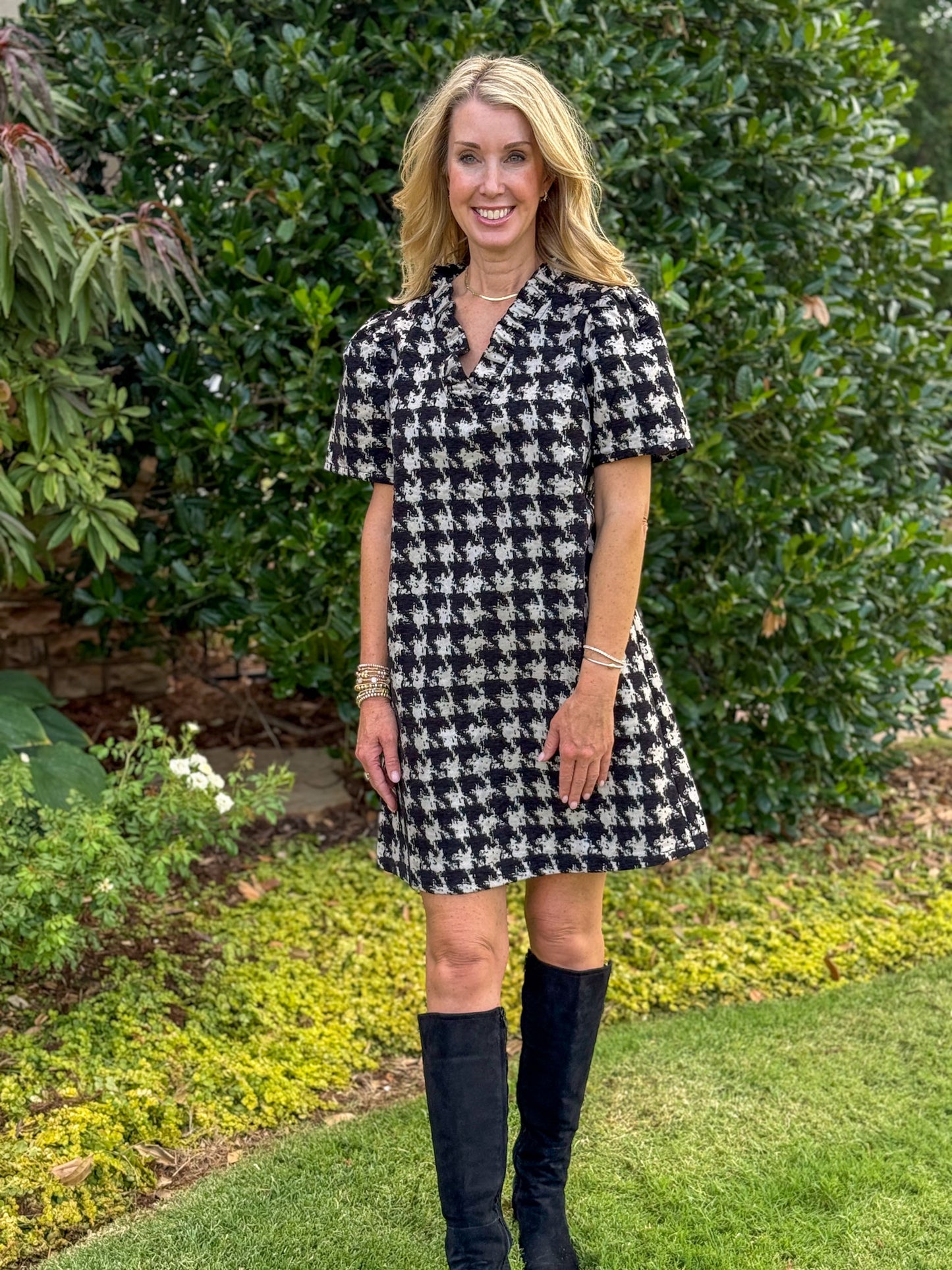 Houndstooth Ruffle Neck Dress