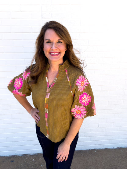 Olive Floral Embroidered Top