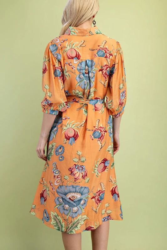 Sunset Bloom Midi Shirt Dress
