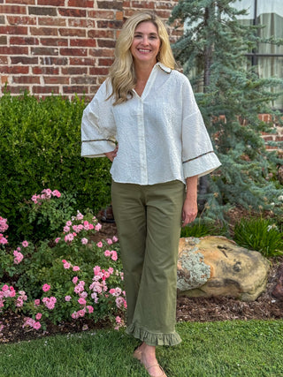 Olive Ruffle Edge Cropped Twill Pants