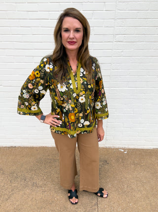 Olive green floral print women’s blouse featuring three-quarter sleeves, V-neckline, and coordinating green trim