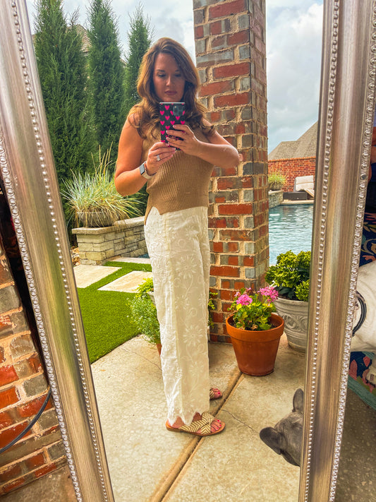 FLORAL EMBROIDERY WIDE LEG TROUSER PANTS