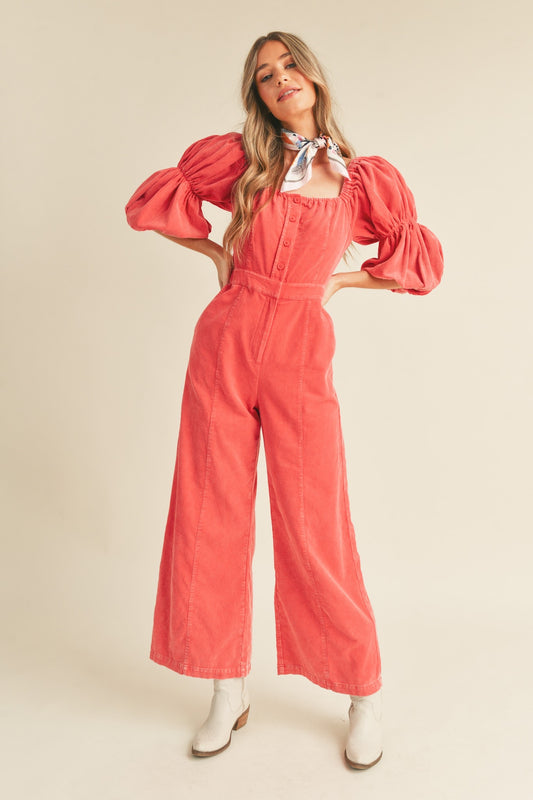 Corduroy Puff Sleeve Jumpsuit