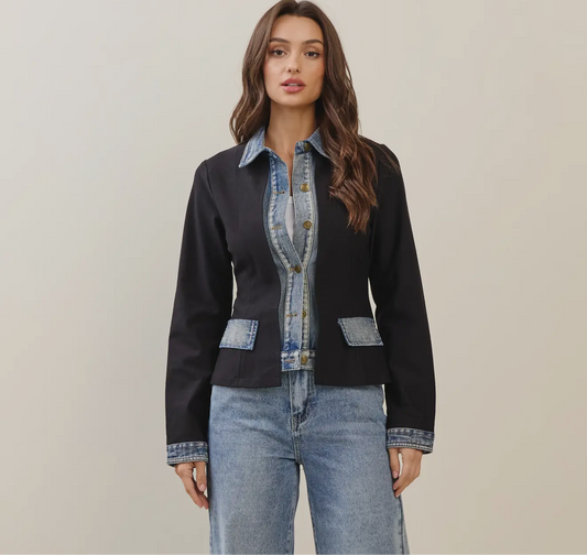 Mixed Media Denim Contrast Blazer