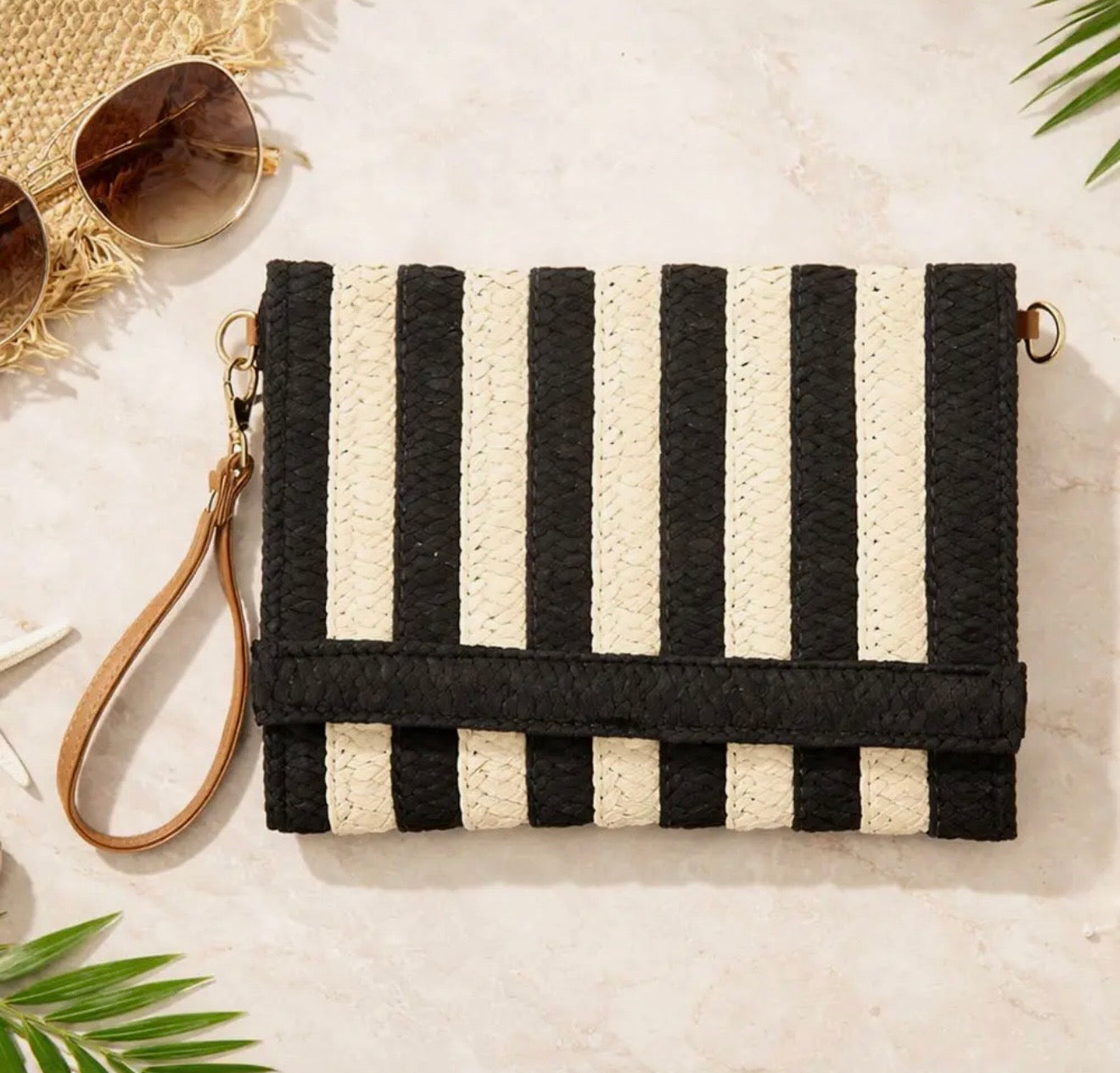 black and natural striped woven foldover clutch boutique crossbody wristlet bag